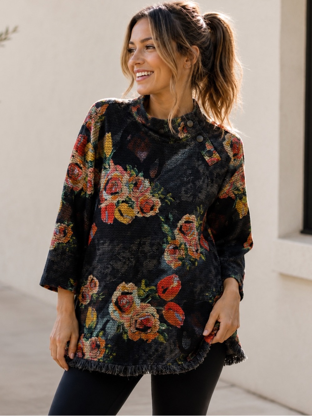 Ali Miles Floral Knit 3/4 Sleeve Snap Neck Fringe Mosaic Tunic Top L